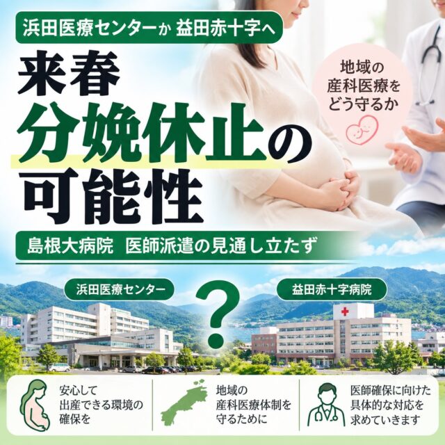 昨日、今日と新聞報道で、
石見地域の分娩体制に関する
報道がありました。
昨日、報道が出たこともあり
県議会の環境厚生委員会でも
健康福祉部長から状況説明がありました。
委員からもこの件について、
浜田と益田のどちらかに分娩機能を
集約することになったとしても、
医療圏域が違うこともあり
浜田に益田や鹿足郡の方が
通われる可能性は低い。むしろ
益田や鹿足郡は山口県側との
医療における関係性強いとの
指摘がなされました。
現時点で何か決まったものではなく
産婦人科医体制の見通しにより
今後のあり方を説明、協議する場が
設けられる予定と聞いています。
どのような方法なら安心して
お産ができる体制を確保できるのか
しっかり議論していかなければ
なりません。あわせて、地方で
このような事態が発生していることを
国もしっかり受け止め、必要な
対策を講じる必要があると考えます。
まずは、大学病院側の考えや
今後の見通し、県の関与も含め、
状況場合と必要な対応を求めていきます。